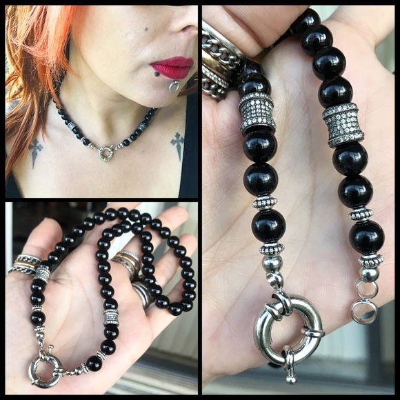 Genuine onyx fancy clasp rodhium cz charm choker - Picture 1 of 8